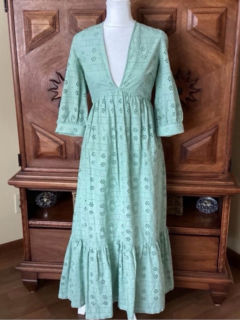 Mint Eyelet Maxi Dress with Deep V-Neck